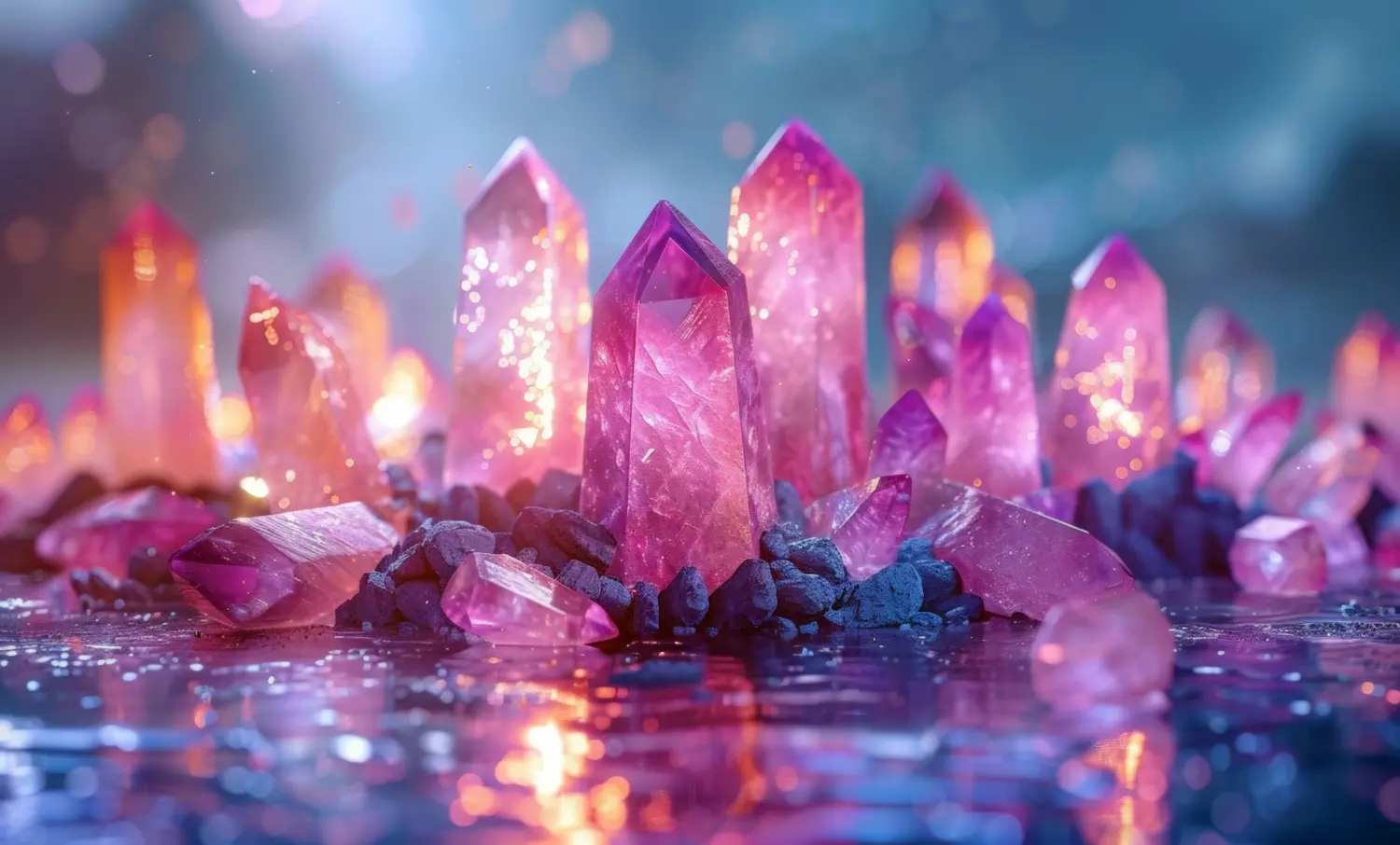 Heilkristalle auf einer abstrakt leuchtenden Oberfläche. Amethyst, Obsidian, Rosenquarz auf dunklem Hintergrund. New-Age-Banner, Kopierraum.