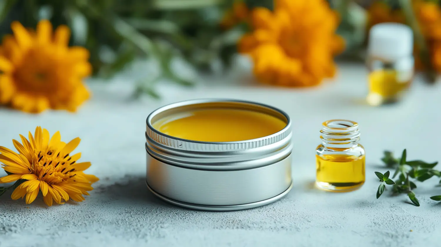 Natürliche Hautpflegeprodukte mit Ringelblumenblüten auf strukturiertem Hintergrund.