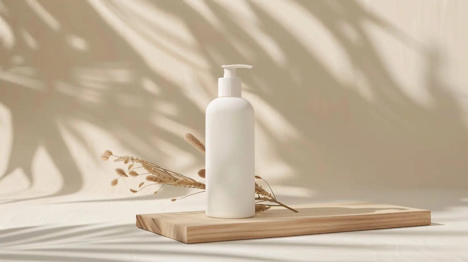 Kosmetikverpackungsmodell einer Körperlotionflasche mit natürlichen Elementen als Requisiten