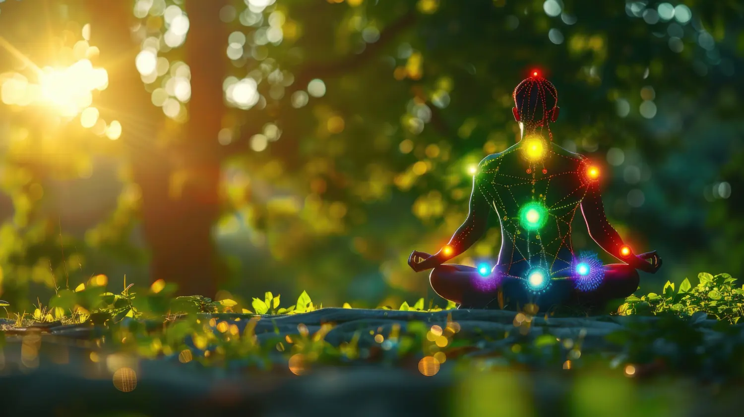 Eine Person meditiert in einer ruhigen Umgebung im Freien, umgeben von grünen Blättern und Sonnenlicht, mit sieben leuchtenden Chakren, die entlang des Rumpfes des Körpers ausgerichtet sind.