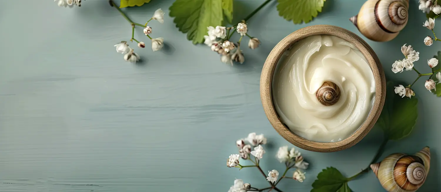 Naturkosmetik-Konzept mit einer mit Schneckenschleim angereicherten Creme, gezeigt im Copy-Space-Bild
